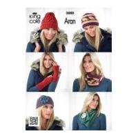 King Cole Ladies Wrist Warmers, Hats, Headband, Scarf & Snood Fashion Knitting Pattern 3880 Aran