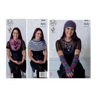 King Cole Ladies Scarf, Hat, Gloves & Neck Warmer Party Glitz Knitting Pattern 4639 4 Ply
