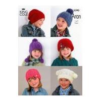 King Cole Childrens Hats Comfort Knitting Pattern 3390 Aran