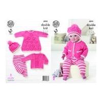 King Cole Baby Dress, Cardigan, Sweater, Leggings & Hat Glitz Knitting Pattern 4555 DK