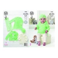 King Cole Baby Dress, Cardigan, Sweater, Leggings & Hat Glitz Knitting Pattern 4556 DK