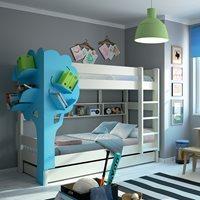 KIDS DOMINIQUE TRIPLE BUNK BED WITH TREE BOOKCASE in White and Blue
