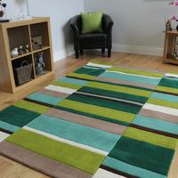 Kingston Green, Brown & Cream Handmade Thick Wool Rugs - 90x150cm