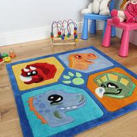 kids blue square soft dinosaur rug kiddy 90x90cm