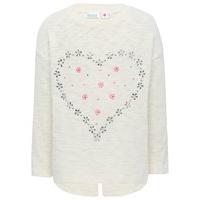 Kids girls pure cotton long sleeve crew neck Floral glitter embellished heart top - Cream