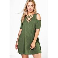 Kirsty Ribbed Cold Shoulder Dress - khaki