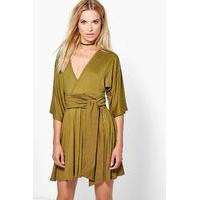 Kimono Sleeve Obi Tie Skater Dress - olive