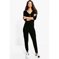 Kitty Zip Front Drawcord Lounge Jumpsuit - black