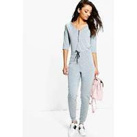 kitty zip front drawcord lounge jumpsuit grey