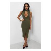 kiki khaki lace trim high neck midi dress