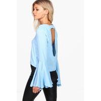 kirsty keyhole back flute sleeve blouse bluebell