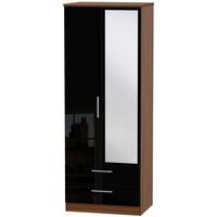 Knightsbridge High Gloss Black and Noche Walnut Wardrobe - Tall 2ft 6in with 2 Drawer and Mirror