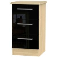 Knightsbridge High Gloss Black and Oak Bedside Cabinet - 3 Drawer Locker