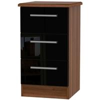 Knightsbridge High Gloss Black and Noche Walnut Bedside Cabinet - 3 Drawer Locker