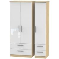 knightsbridge high gloss white and oak triple wardrobe with drawer