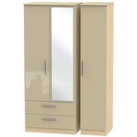 Knightsbridge High Gloss Mushroom and Oak Triple Wardrobe with 2 Drawer and Mirror