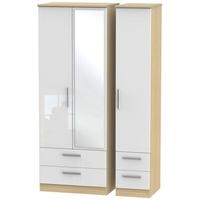Knightsbridge High Gloss White and Oak Triple Wardrobe - Tall with Drawer and Mirror