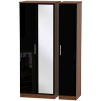 Knightsbridge High Gloss Black and Noche Walnut Triple Wardrobe - Tall with Mirror