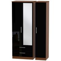 Knightsbridge High Gloss Black and Noche Walnut Triple Wardrobe - Tall with 2 Drawer and Mirror