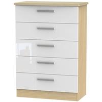 Knightsbridge High Gloss White and Oak Chest of Drawer - 5 Drawer