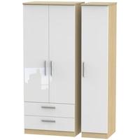 knightsbridge high gloss white and oak triple wardrobe with 2 drawer