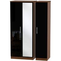 Knightsbridge High Gloss Black and Noche Walnut Triple Wardrobe with Mirror