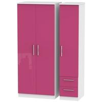 Knightsbridge High Gloss Pink and White Triple Wardrobe - Plain with 2 Drawer