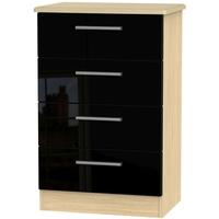 Knightsbridge High Gloss Black and Oak Chest of Drawer - 4 Drawer Midi