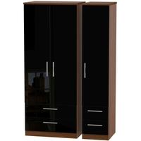 Knightsbridge High Gloss Black and Noche Walnut Triple Wardrobe with Drawer