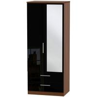 Knightsbridge High Gloss Black and Noche Walnut Wardrobe - 2ft 6in with 2 Drawer and Mirror