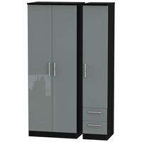 Knightsbridge High Gloss Grey and Black Triple Wardrobe - Tall Plain with 2 Drawer