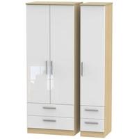 knightsbridge high gloss white and oak triple wardrobe tall with drawe ...