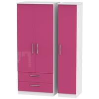 knightsbridge high gloss pink and white triple wardrobe with 2 drawer