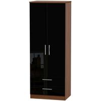 Knightsbridge High Gloss Black and Noche Walnut Wardrobe - Tall 2ft 6in with 2 Drawer