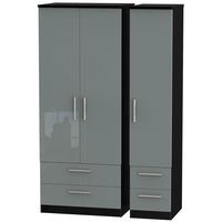 knightsbridge high gloss grey and black triple wardrobe with drawer