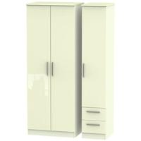 Knightsbridge High Gloss Cream Triple Wardrobe - Tall Plain with 2 Drawer