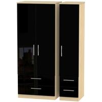 Knightsbridge High Gloss Black and Oak Triple Wardrobe with Drawer