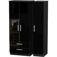 Knightsbridge High Gloss Black Triple Wardrobe with 2 Drawer