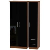 Knightsbridge High Gloss Black and Noche Walnut Triple Wardrobe - Tall Plain with 2 Drawer