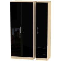 Knightsbridge High Gloss Black and Oak Triple Wardrobe - Plain with 2 Drawer