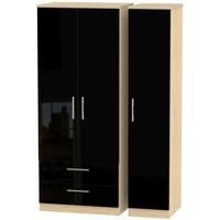 Knightsbridge High Gloss Black and Oak Triple Wardrobe with 2 Drawer