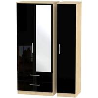 Knightsbridge High Gloss Black and Oak Triple Wardrobe with 2 Drawer and Mirror