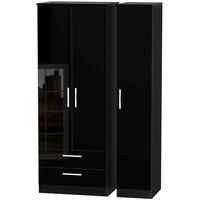 Knightsbridge High Gloss Black Triple Wardrobe - Tall with 2 Drawer