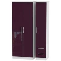 Knightsbridge High Gloss Aubergine and White Triple Wardrobe - Tall Plain with 2 Drawer