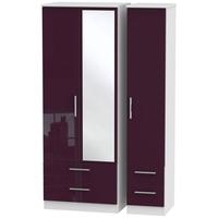 Knightsbridge High Gloss Aubergine and White Triple Wardrobe - Tall with Drawer and Mirror
