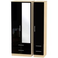 Knightsbridge High Gloss Black and Oak Triple Wardrobe - Tall with Drawer and Mirror