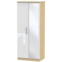 Knightsbridge High Gloss White and Oak Wardrobe - 2ft 6in with Mirror