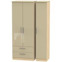 Knightsbridge High Gloss Mushroom and Oak Triple Wardrobe - Tall with 2 Drawer