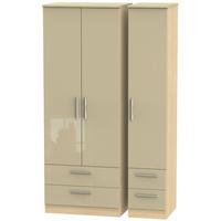 Knightsbridge High Gloss Mushroom and Oak Triple Wardrobe - Tall with Drawer