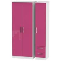 Knightsbridge High Gloss Pink and White Triple Wardrobe - Tall Plain with 2 Drawer